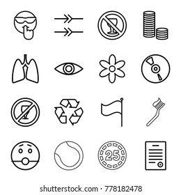 Circle icons. set of 16 editable outline circle icons such as flower, cool emot, surprised emot, coin, no drink, no alcohol, recycle, flag, lungs, cd, eye, bill of house
