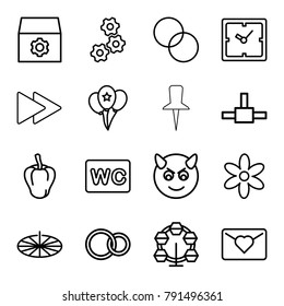 Circle icons. set of 16 editable outline circle icons such as pepper, clock, flower, wc, gear, circle intersection, devil emot, carousel, love letter, rings, fast forward