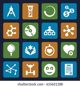 Circle icons set. set of 16 circle filled icons such as compass, flower, structure, stopwatch, connection, add favorite, CD, smiley, bill of house, golf ball, pendulum, atom