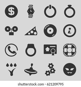 Circle icons set. set of 16 circle filled icons such as call, whirligig, devil emot, fan, disc on fire, bill of house sell, watering system, switch off, info, dollar coin
