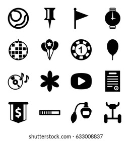 Circle icons set. set of 16 circle filled icons such as perfume, flower, 1 casino chip, pin, disc on fire, balloon, bill of house, play, wrist watch, flag, wheel, disco ball