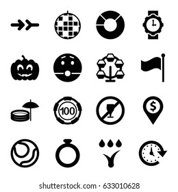 Circle icons set. set of 16 circle filled icons such as 100 casino chip, surprised emot, flag, pumpkin haloween, watering system, time, inflatable pool and umbrella, arrow