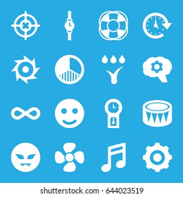 Circle icons set. set of 16 circle filled icons such as devil emot, fan, drum, eternity, brightness, watering system, time, gear    sign symb, wrist watch, pendulum, saw
