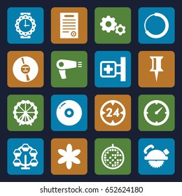 Circle icons set. set of 16 circle filled icons such as ferris wheel, hair dryer, flower, pin, saw blade, medical cross, cd, disco ball, bill of house, clock