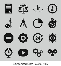 Circle icons set. set of 16 circle filled icons such as compass, helm, needle button, pie chart, stopwatch, bill of house, info, 24 hours, gear, gear    sign symb, play