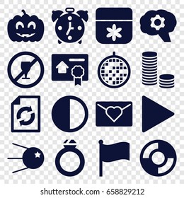 Circle icons set. set of 16 circle filled icons such as flower, reload, play, pumpkin haloween, disco ball, brightness, bill of house sell, lifebuoy, alarm, flag, ring, gear