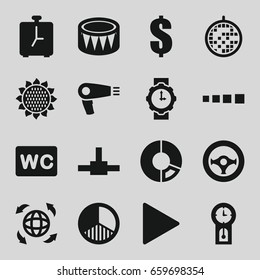 Circle icons set. set of 16 circle filled icons such as sunflower, hair dryer, wc, dollar, globe, play, drum, disco ball, brightness, steering wheel, wrist watch for woman