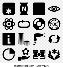 Circle icons set. set of 16 circle filled icons such as flower, hair dryer, 100 casino chip, bag with ground, update, stop, reload replay, pie chart, camera focus, eye