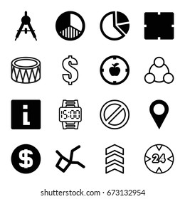 Circle icons set. set of 16 circle filled and outline icons such as compass, clock, brightness, dollar coin, location pin, apple target, dollar, prohibited, drum, connection