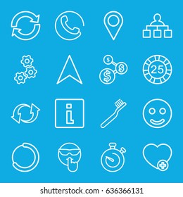 Circle icons set. set of 16 circle outline icons such as call, toothbrush, 25 casino chip, structure, navigation arrow, add favorite, update, stopwatch, location pin