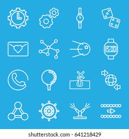 Circle icons set. set of 16 circle outline icons such as call, helm, no hair in skin, gear, qround the globe, connection, clock in gear, watering system, wrist watch