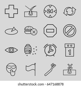 Circle icons set. set of 16 circle outline icons such as no hair in skin, shave hair in skin, no fast food, toothbrush, honeycomb, prohibited, update, flag, medical cross, eye