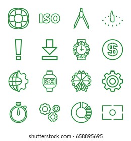 Circle icons set. set of 16 circle outline icons such as ferris wheel, fan, download, iso, camera focus, gear, dollar coin, wrist watch for woman, wrist dial watch, sundial