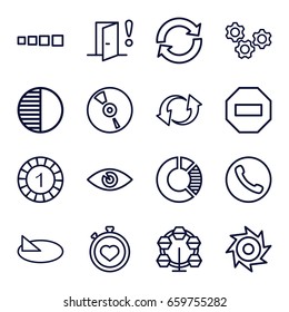 Circle icons set. set of 16 circle outline icons such as 1 casino chip, eye, stopwatch, update, cd, brightness, door warning, sundial, saw, minus, loading, carousel, pie chart