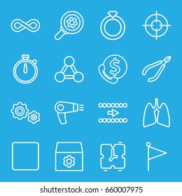 Circle icons set. set of 16 circle outline icons such as hair dryer, woman in spa, gear, lungs, stop, eternity, gear    sign symb, alarm, sniper target, arrow, bank support