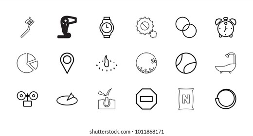 Circle icons. set of 18 editable outline circle icons: circle intersection, minus, loading, tennis ball, location pin, wrist watch, sundial, alarm, orange, shave hair in skin