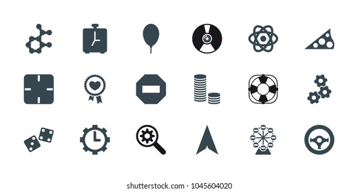 Circle icons. set of 18 editable filled circle icons: gear, coin, atom, minus, clock in gear, balloon, steering wheel, sundial, alarm, ferris wheel, clock, dice