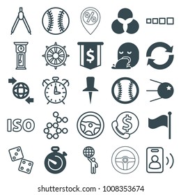 Circle icons. set of 25 editable filled and outline circle icons such as dollar sign, core, qround the globe, reload, flag, stopwatch, baseball, compass, dice, wheel