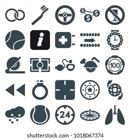 Circle icons. set of 25 editable filled circle icons such as toothbrush, 100 casino chip, casino chip, qround the globe, camera focus, tennis ball, ring, defragmentation