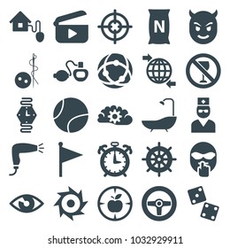 Circle icons. set of 25 editable filled circle icons such as helm, hair dryer, needle button, dice, bag with ground, flag, eye, network connection, smart home, tennis ball