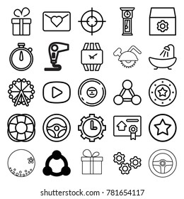 Circle icons. set of 25 editable outline circle icons such as connection, ferris wheel, present, shower, casino chip, gear, love letter, stopwatch, fan, cd, network connection