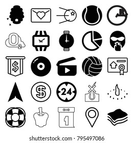 Circle icons. set of 25 editable filled and outline circle icons such as disc, pie chart, fan, sponge, volleyball, play, wrist watch, 24 hour, love letter, dollar sign, core
