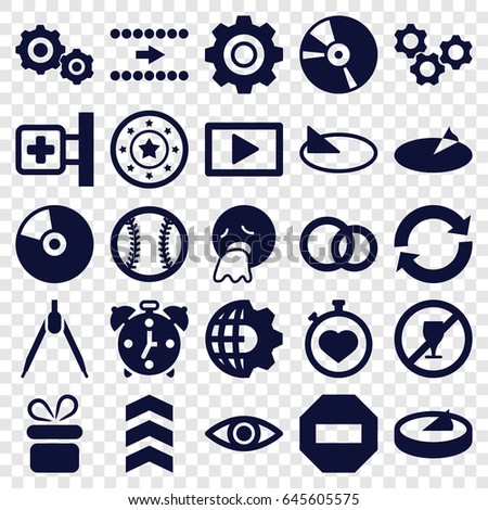 Circle icons set. set of 25 circle filled icons such as present, casino chip, vomiting emot, medical cross, stopwatch, cd, engagement rings, play, eye, gear, baseball