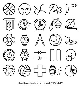 Circle icons set. set of 25 circle outline icons such as perfume, hair dryer, casino bet, circular saw, honeycomb, recycle, fan, medical cross, pause, time, fishing, arrow