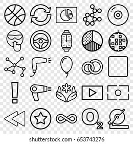 Circle icons set. set of 25 circle outline icons such as hair dryer, flower, circular saw, connection, stop, play back, balloon, eternity, camera focus, play, brightness