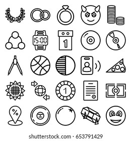 Circle icons set. set of 25 circle outline icons such as orange, sunflower, 1 casino chip, lottery, qround the globe, rings, cd, smiley, camera focus, brightness
