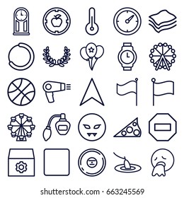 Circle icons set. set of 25 circle outline icons such as ferris wheel, hair dryer, perfume, gear, navigation arrow, flag, cd, stop, balloon, sponge, temperature, clock