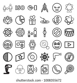Circle icons. set of 36 editable outline circle icons such as compass, helm, present, hair dryer, flower, son and father, reload, devil emot, pie chart, bank support, no drink