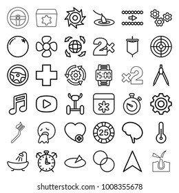 Circle icons. set of 36 editable outline circle icons such as orange, flower, shower, 25 casino chip, casino bet, circle intersection, compass, note, vomiting emot, wheel