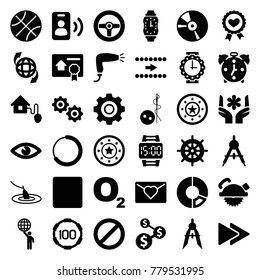 Circle icons. set of 36 editable filled circle icons such as compass, helm, hair dryer, needle button, casino chip, saw blade, love letter, pie chart, dollar sign, basketball