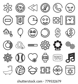Circle icons. set of 36 editable outline circle icons such as call, clock, flower, saw blade, smile, circle, devil emot, wheel, dollar sign, bank support, no drink