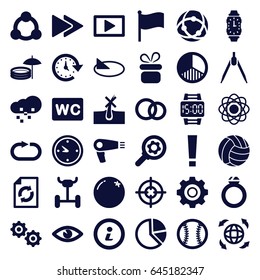 Circle icons set. set of 36 circle filled icons such as orange, hair dryer, no hair in skin, present, wc, reload, eye, globe, fast forward, reload replay, clock