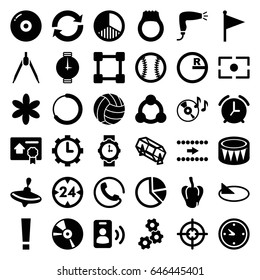 Circle icons set. set of 36 circle filled icons such as pepper, call, whirligig, hair dryer, flower, lottery, disc on fire, cd, drum, clock, clock in gear, camera focus