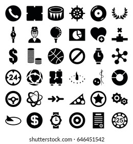 Circle icons set. set of 36 circle filled icons such as helm, clock, needle button, 25 casino chip, dollar, add favorite, disc on fire, prohibited, doctor, drum, bill of house