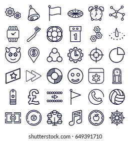 Circle icons set. set of 36 circle outline icons such as call, flower, toothbrush, helm, fan, connection, cd, fast forward, clock in gear, pie chart, bell, camera focus