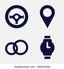 Circle icons set. set of 4 circle filled icons such as steering wheel, location pin, wrist watch