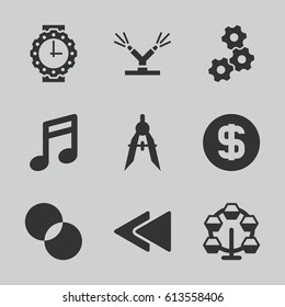 Circle icons set. set of 9 circle filled icons such as circle intersection, compass, play back, watering system, dollar coin, wrist watch for woman, carousel, note