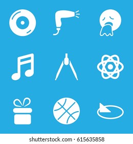 Circle icons set. set of 9 circle filled icons such as present, hair dryer, vomiting emot, disc on fire, sundial, atom, compass, note