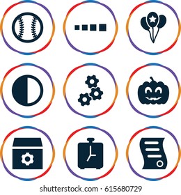 Circle icons set. set of 9 circle filled icons such as gear, pumpkin haloween, balloon, brightness, bill of house sell, baseball, alarm