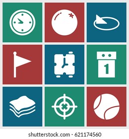 Circle icons set. set of 9 circle filled icons such as orange, clock, sponge, tennis ball, sundial, alarm, sniper target, flag