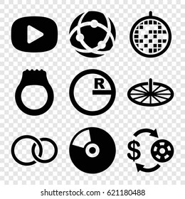 Circle icons set. set of 9 circle filled icons such as Casino chip and money, rings, disco ball, CD, play, sundial, ring, circle