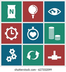 Circle icons set. set of 9 circle filled icons such as bag with ground, stopwatch, update, clock in gear, golf ball, eye, gear, coin