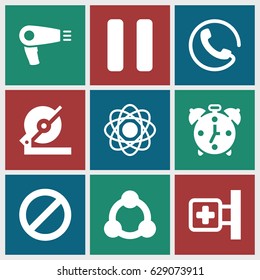 Circle icons set. set of 9 circle filled icons such as call, hair dryer, circular saw, medical cross, prohibited, pause, connection, alarm