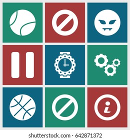 Circle icons set. set of 9 circle filled icons such as devil emot, prohibited, pause, info, tennis ball, gear, wrist watch for woman