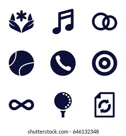 Circle icons set. set of 9 circle filled icons such as flower, reload, engagement rings, eternity, golf ball, tennis ball, call, target