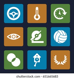 Circle icons set. set of 9 circle filled icons such as circle intersection, circular saw, eye, temperature, steering wheel, volleyball, time, pendulum